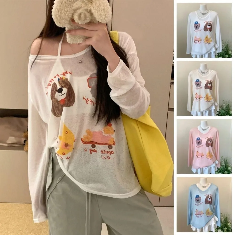 

Thin Dog Print Graphic T-shirt Cartoon Sunscreen Cartoon Animal Long Sleeved Top Loose Ins Round Neck Oversized T-shirt Women