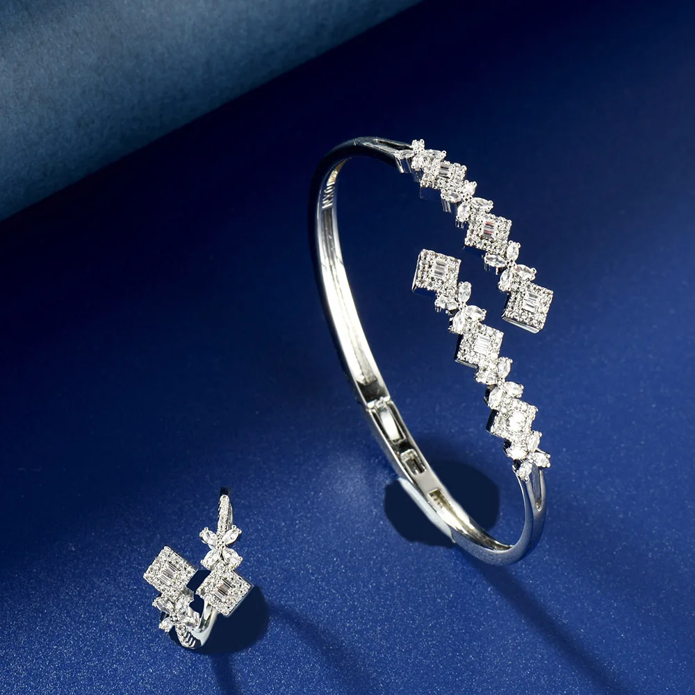 HIBRIDE Micro pave Cubic Zircon Stone Dubai Big Wide Geometric Women Wedding Party Bangle Rings Jewelry Sets For Bride N-1664