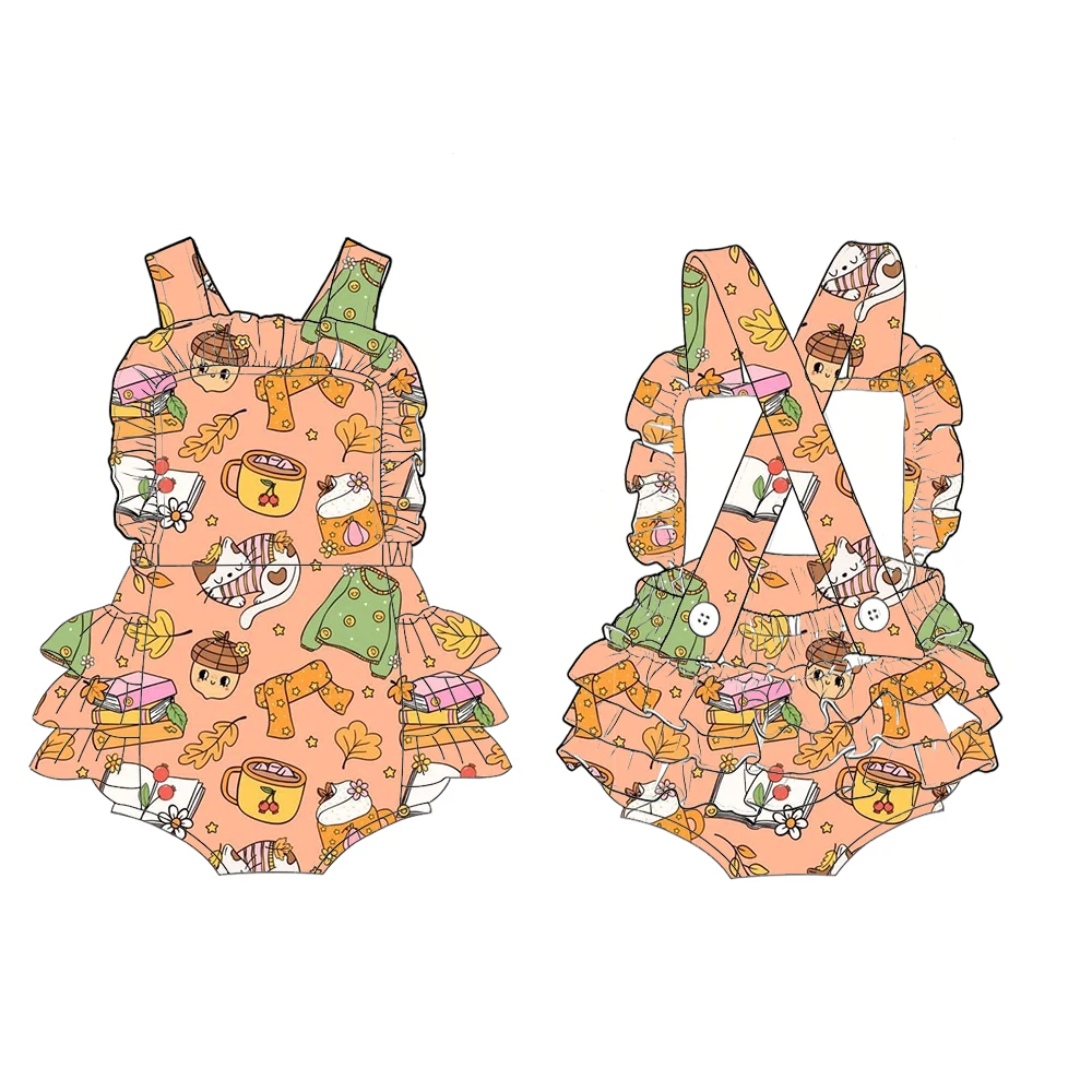 Boutique 3-layer ruffled bodysuit with sling adjustable buttons Halloween spooky pumpkin ghost print customizable