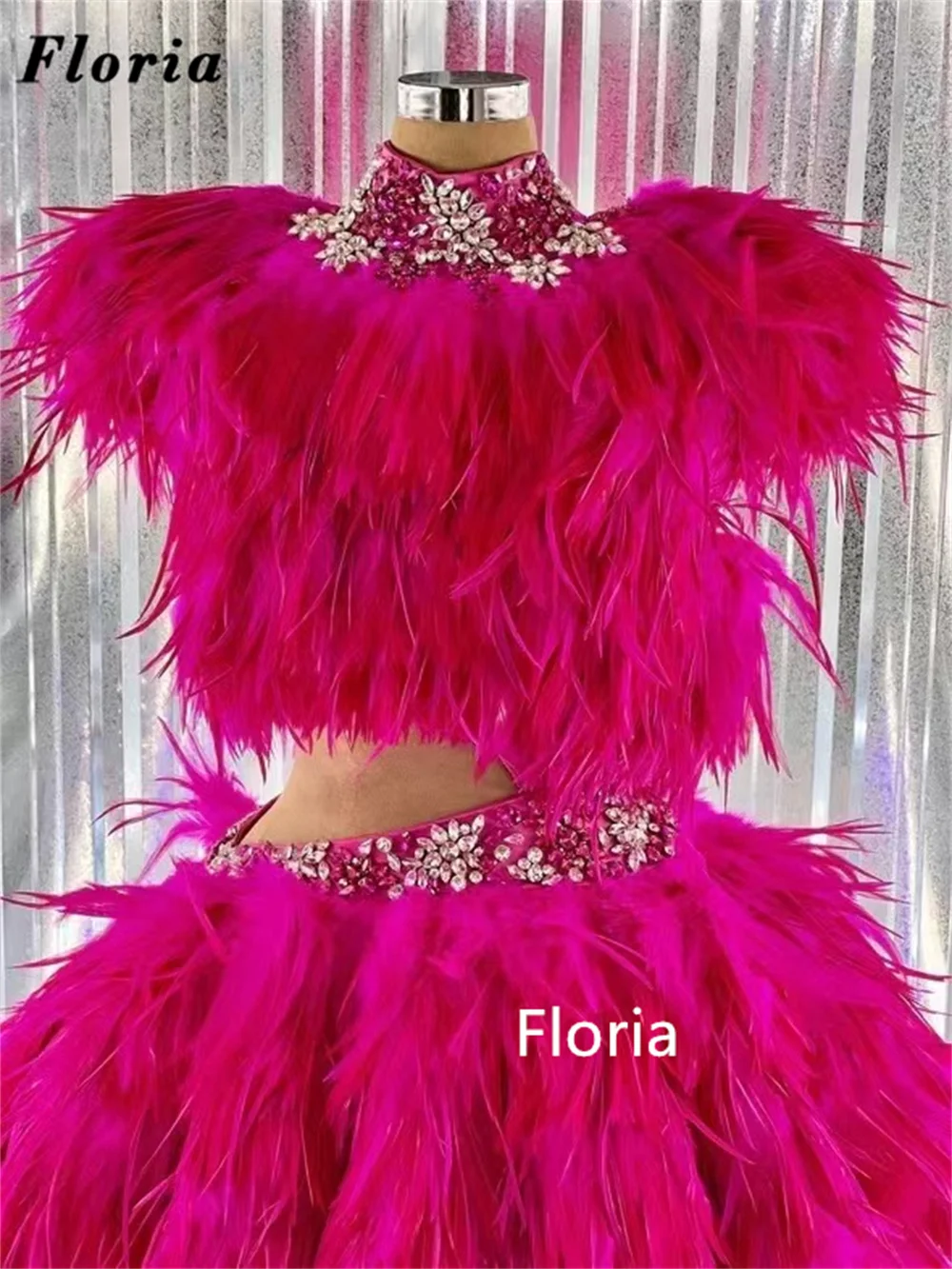 Floria Fuchsia Full Feathers Mini Evening Dresses Beading Two Pieces Set Cocktail Party Dress Luxury Beading Homecoming Dresses