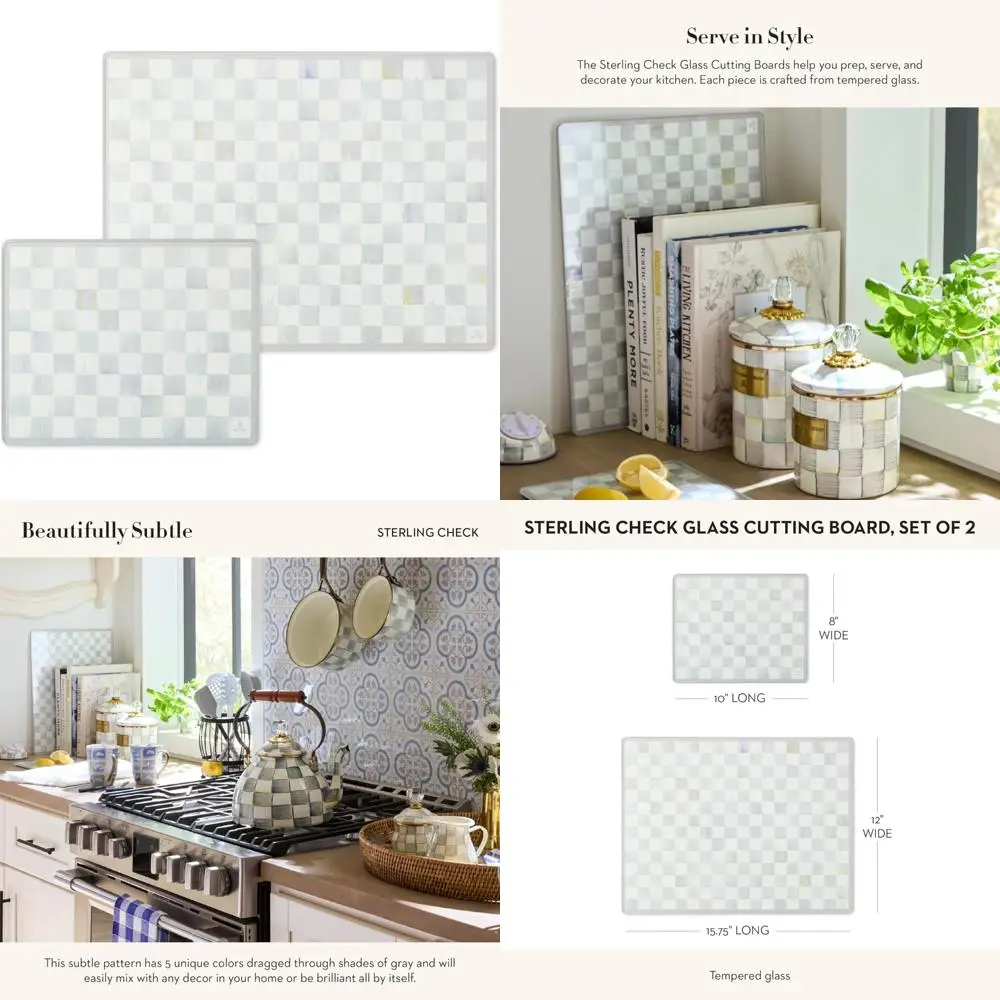 

Set of Two Gray and White Sterling Check Pattern Tempered Glass Countertop Cutting Boards for Kitchen Use