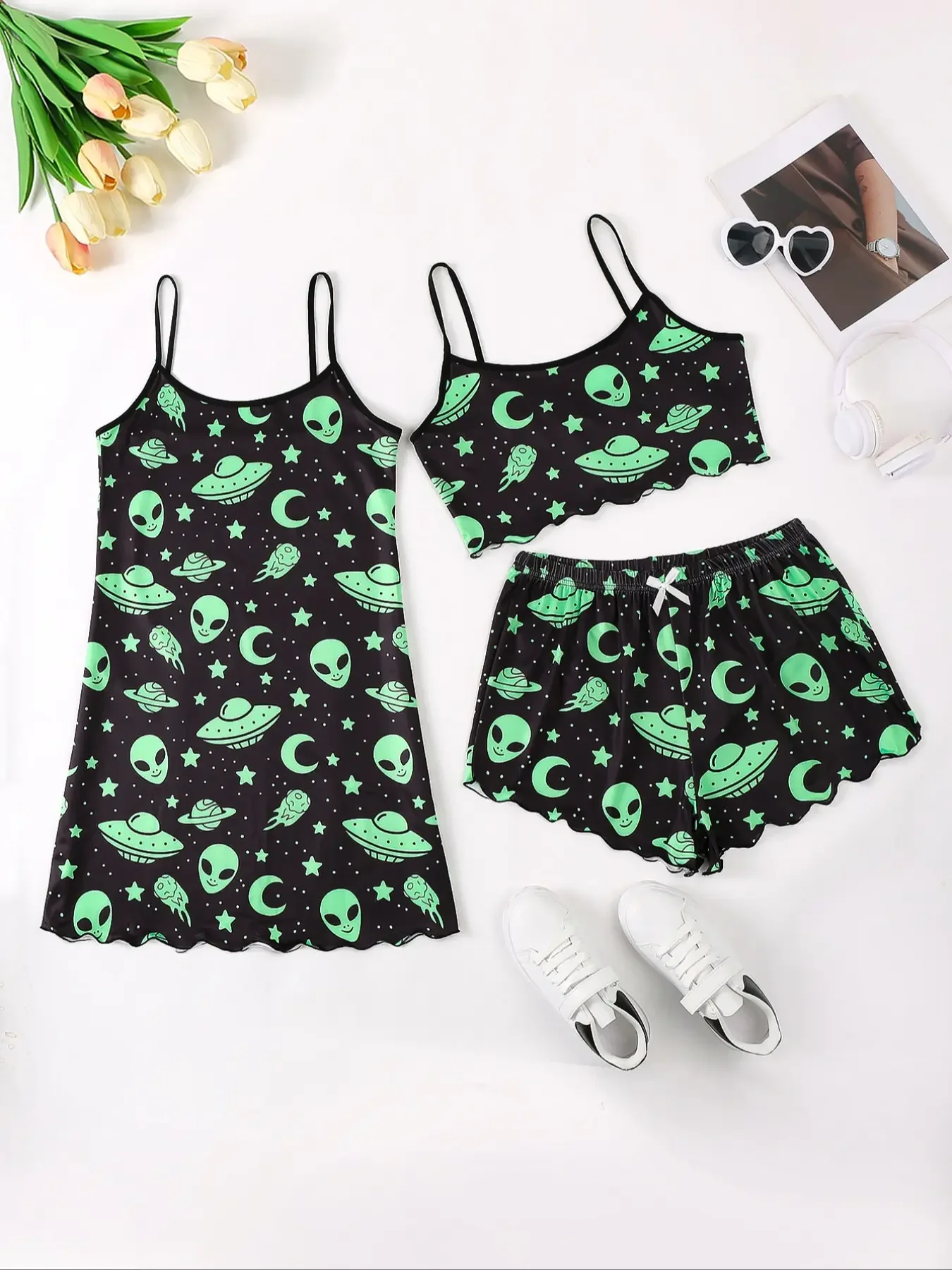 Women\'s Cartoon Alien & UFO Print Frill Trim Casual Pajama Set Round Neck Backless Slip Dress & Crop Cami Top & Shorts Nightwear