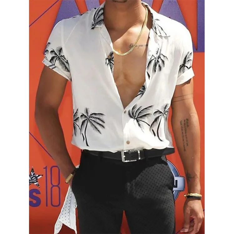 قميص رجالي بأكمام قصيرة بطباعة شاطئ هاواي، موضة شبابية صيفية، قماش مطبوع بدون معالجة كي، نسيج منسوج ملون