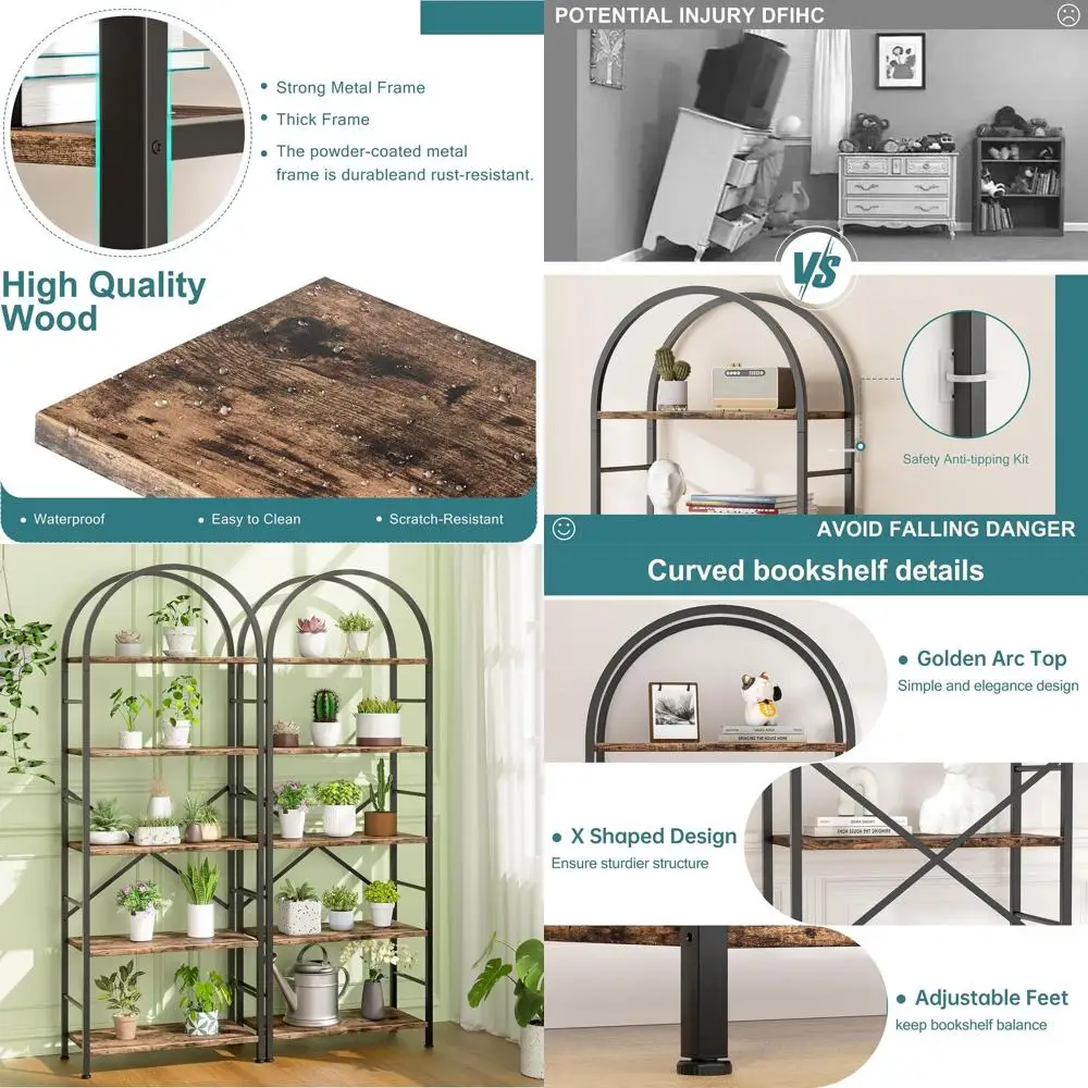 

5-Tier Arched Bookshelf, Rustic Brown, Modern Storage for CDs and Books, Suitable for Home Office and Living Spaces