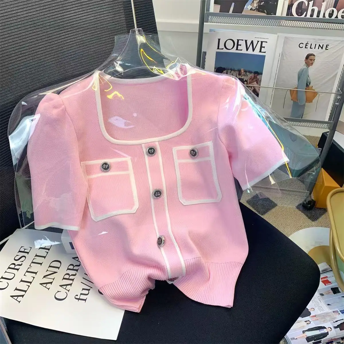 

Femme Temperament All-match Patchwork Buttons Square Collar Knitting Top Tee Spring Summer Fashion Loose Short Sleeve T-Shirts