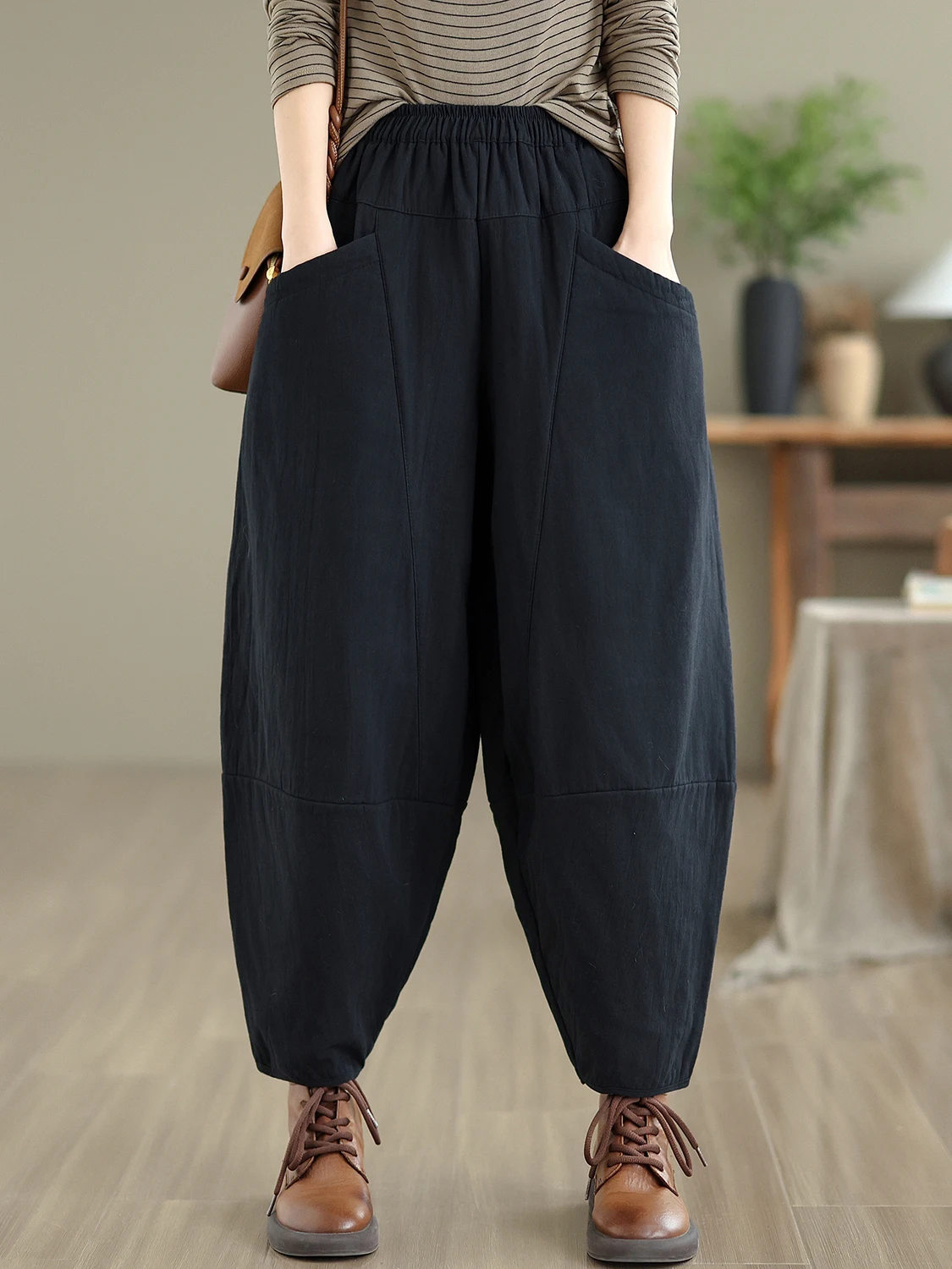 سراويل هارلان القطنية النسائية فضفاضة تناسب السراويل الدافئة فانوس مرونة الخصر سراويل قطنية لخريف وشتاء