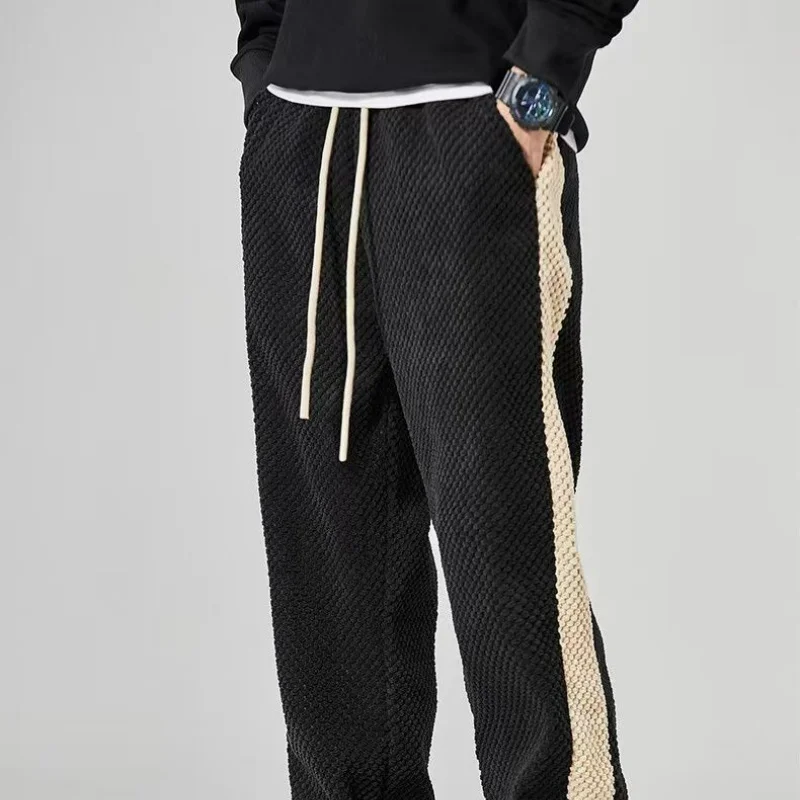 Fleece ananas geruite streep casual broek herfst winter heren kleurblok losse elastische taille zak trekkoord rechte broek