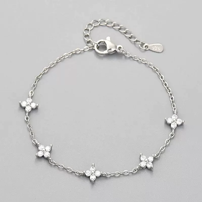 Pulseras de flores de circón brillante de Plata de Ley 925 para mujer, pulsera de cadena con carácter, joyería para fiesta y boda, regalos de vacaciones