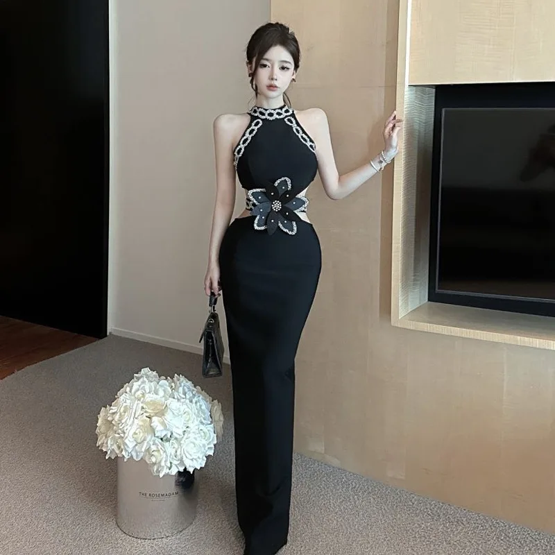 مثير الأسود ثوب مسائي ثلاثية الأبعاد تصميم الأزهار قطع تقسم Bodycon حورية البحر تنورة خارج الكتف تمتد حفلة اجتماعية الجمالية