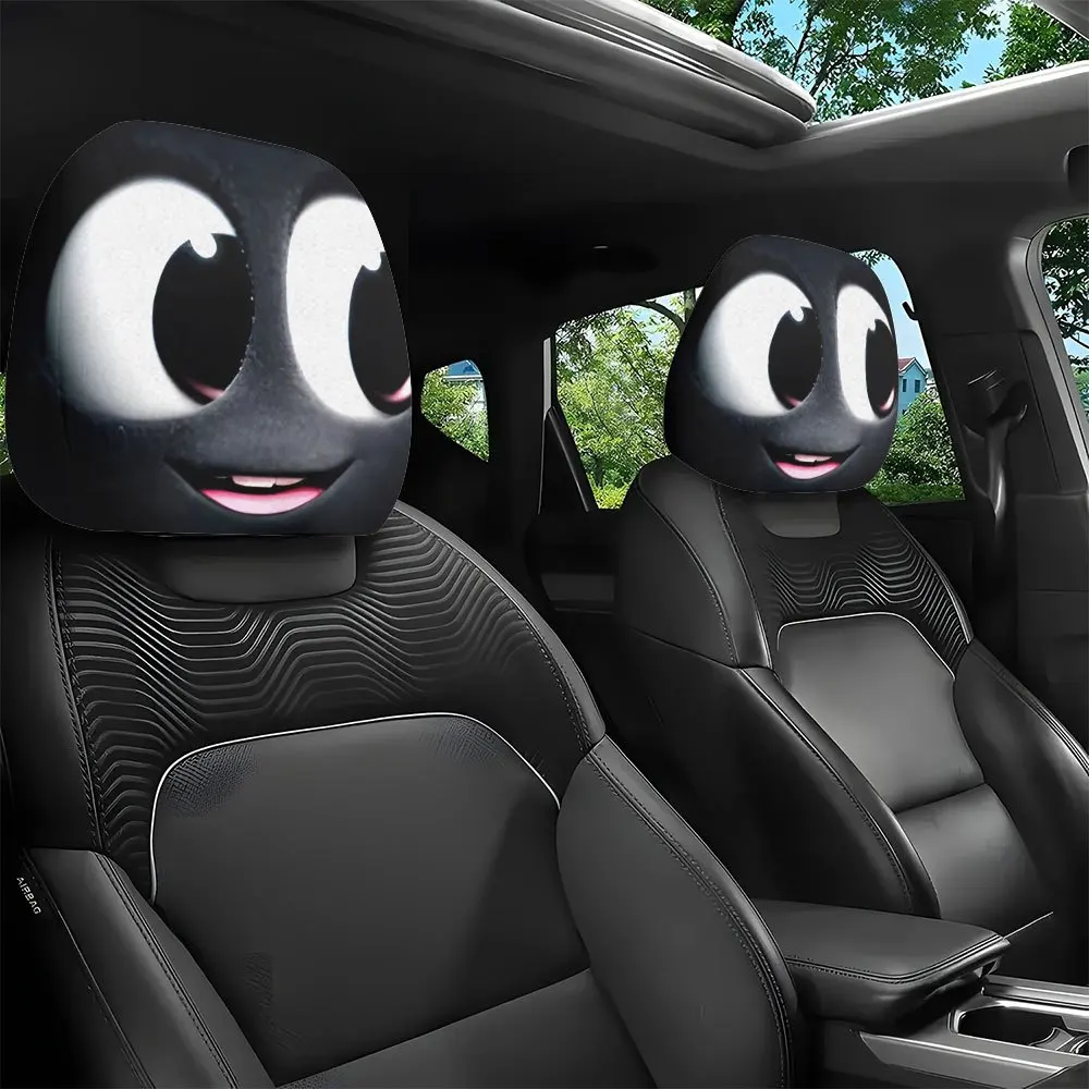 2pcs, Fun Big-Eyed Cute Expression Printed Car Headrest Covers, Easy To Install, Personalized Car Decoration