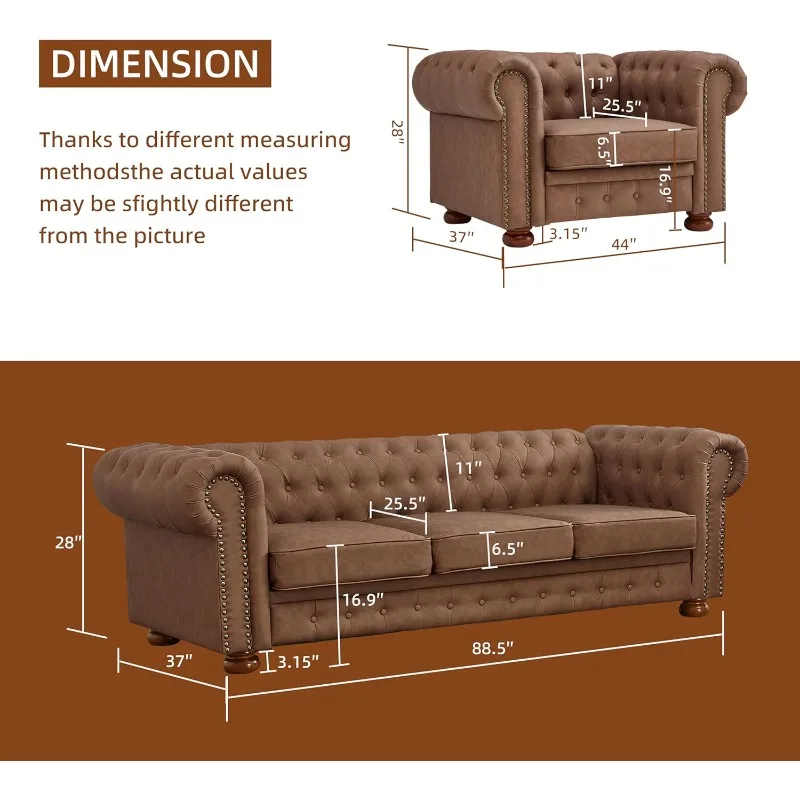 Chesterfield 2-Piece Sofa Set, Faux Leather Couch Upholstered Sofa with Low Back, Roll Arm Nailhead Trim Classic 4 Seater Sofa