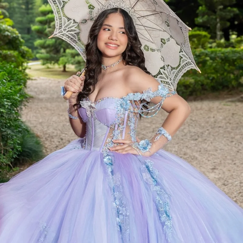 

Lavender Quinceanera Dresses Off the Shoulder Glitter Decal Lace 3D Flower Long tail Bow Vestidoe 15 Quinceanera Customize