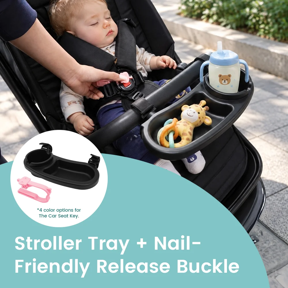 Universal Stroller Snack Tray with Cup Holder, Car Seat Buckle Release Helper, Baby Stroller Accessory
