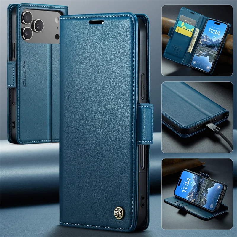 Luxuriöse Flip-Leder-Handyhülle für iPhone 17 Air 16E 15 14 Plus 13 12 11 Pro Max Business Wallet Card Pocket Magnetische Vollabdeckung