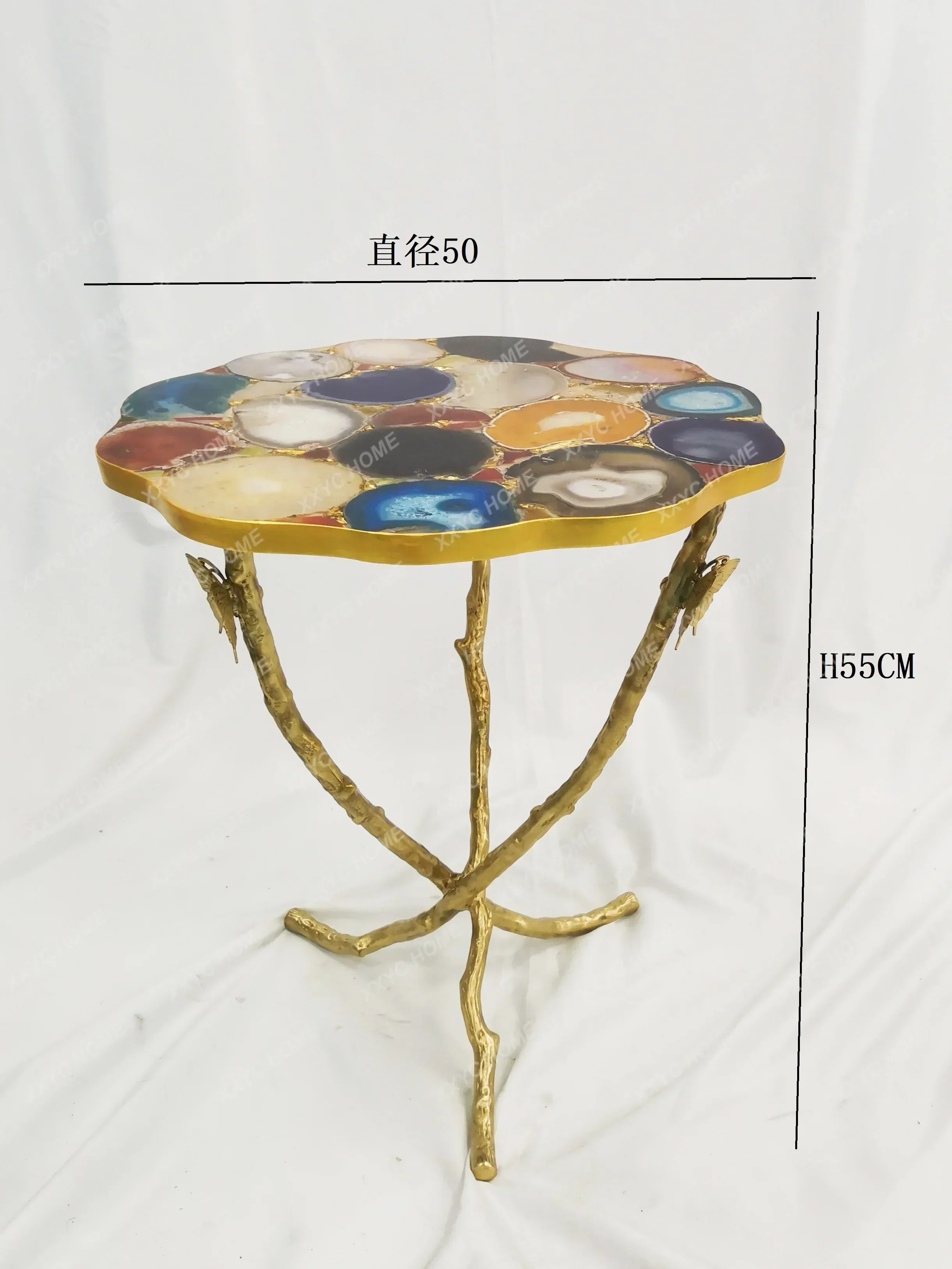 AALight Luxury Natural Agate Jade Pure Copper Special-shaped Coffee Table, Living Room Balcony Corner