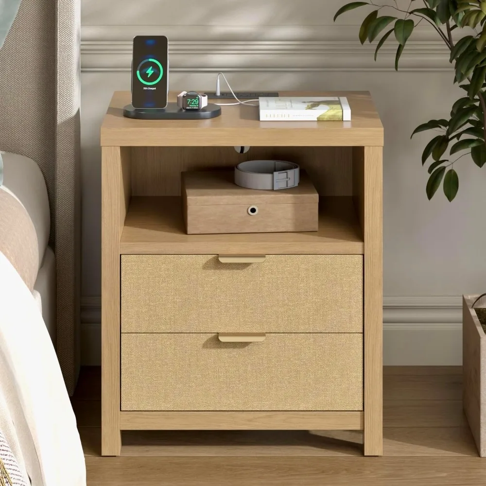 

Rattan 2-Drawer Nightstand with Charging Station and Storage Shelf