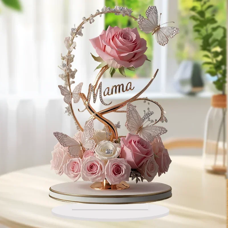 1pc 2D Mama Preserved Rose Ornament with Butterfly Decor, Waterproof Eternal Flower Tabletop Gift for Mother's Day Home Decor