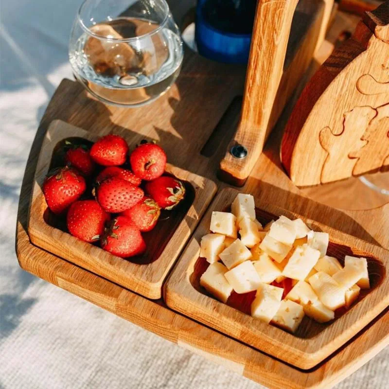 Mesa de piquenique dobrável de madeira com suporte de vidro redonda dobrável rack de vidro de vinho mesa dobrável bandeja de lanche mesas ao ar livre