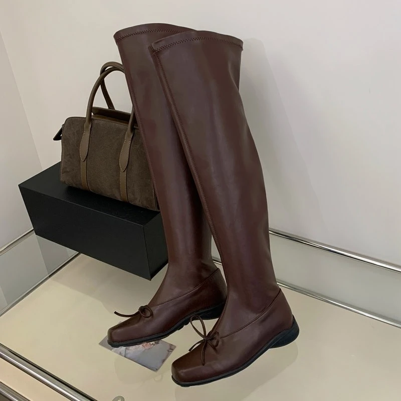 Aneikeh Women Sweet Brown Over The Knee Boots Square Toe Bow Decor Flat Sole Elastic Shaft Casual Autumn Winter Dating Boots