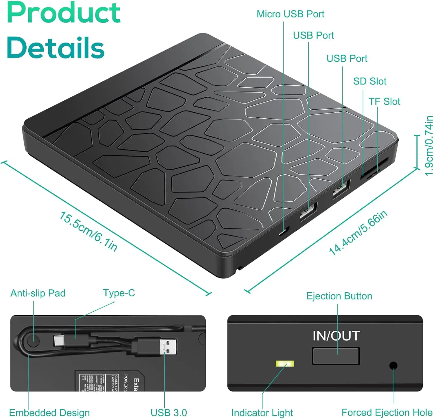 External CD DVD Drive with SD TF Slot & USB Ports, USB 3.0 Type-C Portable CD DVD +/-RW Drive Reader Burner Rewriter for laptop