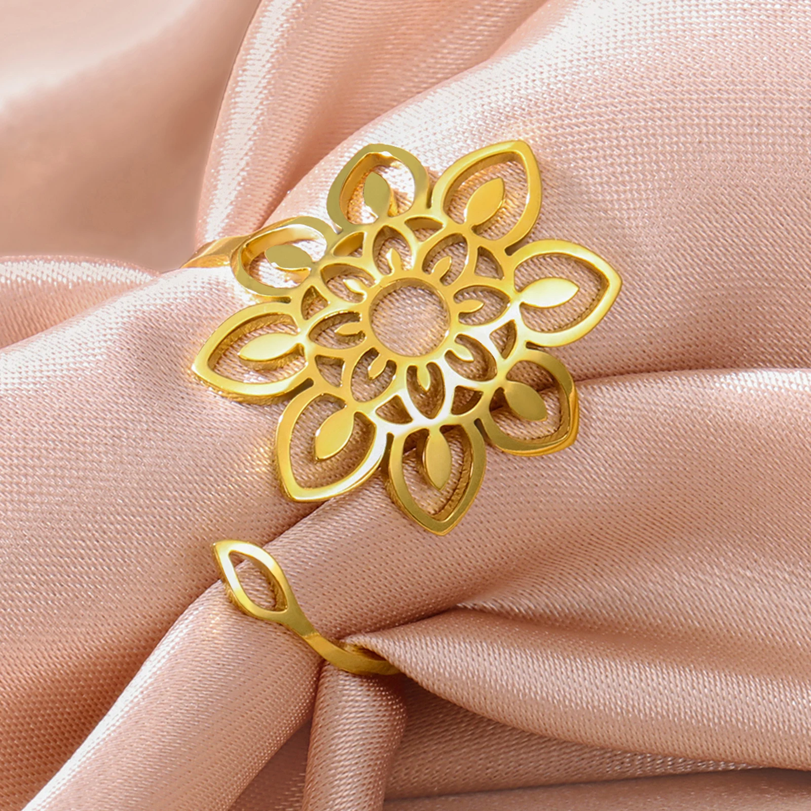Teamer Filigree Yoga Lotus Flower Stainless Steel Ring Women Open Adjustable Vintage Finger Ring Buddhism Bohemian Jewelry Gifts image 4