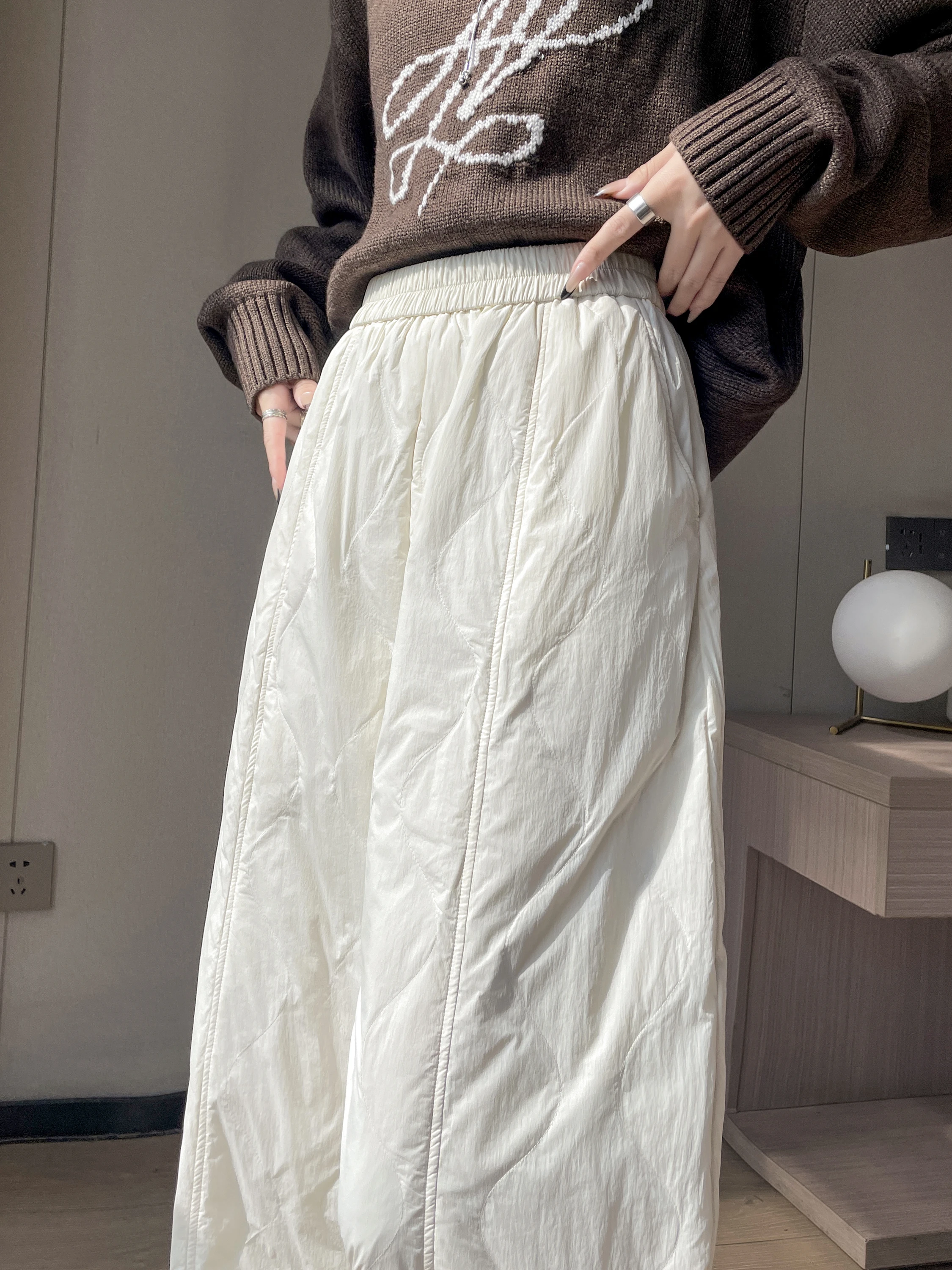 White Cotton Blend Frayed Hem Windproof Women's Winter High Waist Slimming Casual Wide Leg Pants Nine Point Pants