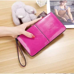 Women's Vintage Leather Zipper Handbag Bank Large Capacity Zero Wallet Wrist Strap Simple Bag Card Holders Wallets Carteras Top