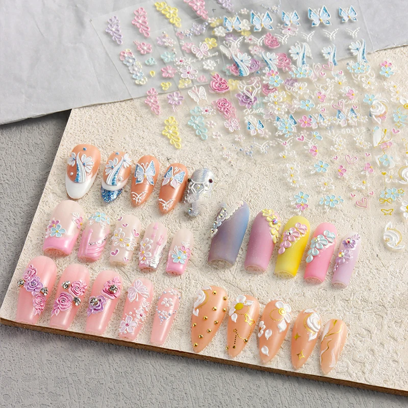 1ชิ้นสติกเกอร์ตกแต่งเล็บลายนูน5D สีสันสดใสดอกกุหลาบผีเสื้อแถบเลื่อนสำหรับเล็บกลีบสีขาวสติ๊กเกอร์ทำเล็บ