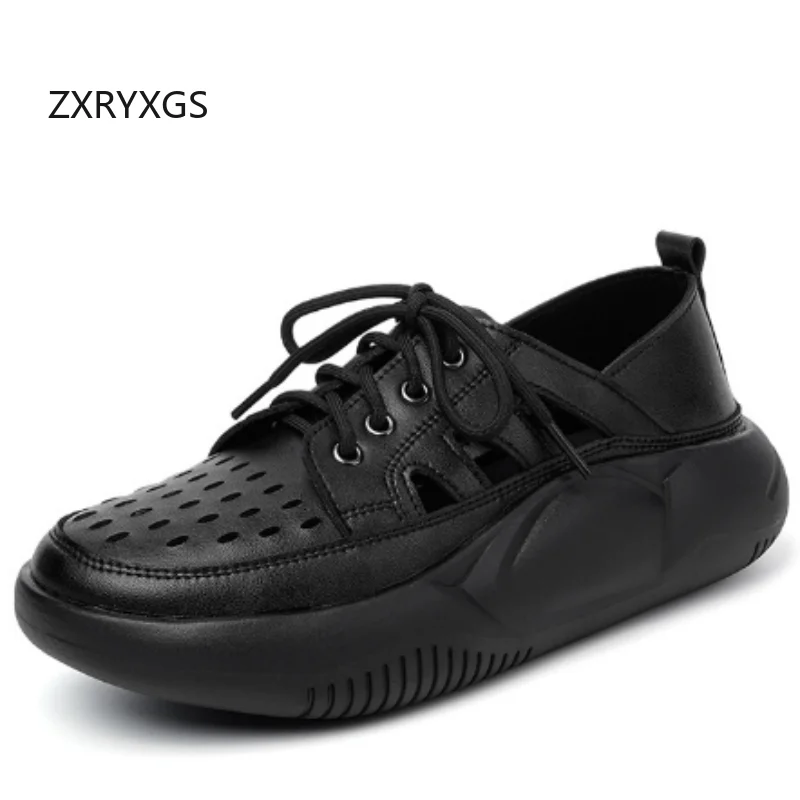 

ZXRYXGS 2025 New Spring Summer Lace-up Genuine Leather Hollow Sneakers Sandals Flat Thick Sole Large Size Women Trendy Shoes