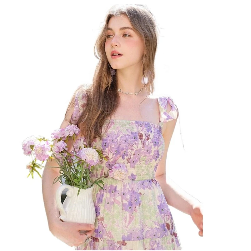 

2024 Summer Square Collar Lace up Temperament Purple Romantic Floral Print Suspender Long Dress Chic Sweet Ruffles Vestidos