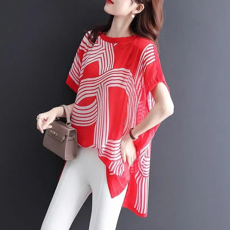 

Fashion Striped Printed Batwing Sleeve Oversized Loose Irregular Chiffon Shirt Summer Asymmetrical Casual Women Clothing D60