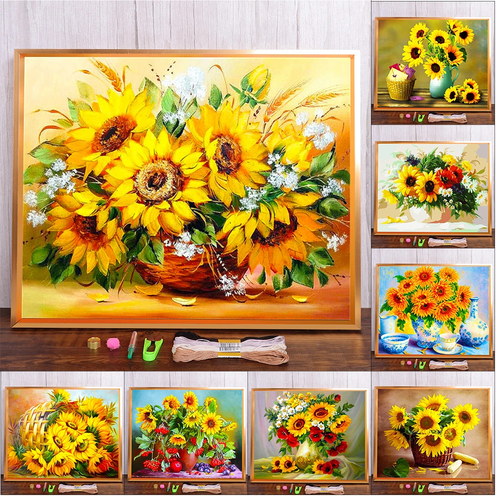 Meian Blooming Sunflower Cross Stitch Kits DIY Needlework Decoration 11/14CT Flowers Pattern DMC Cotton Thread Printed Canvas