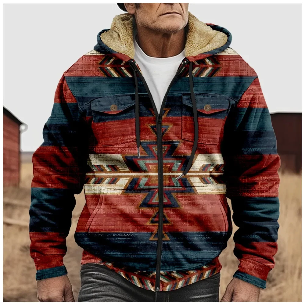 Men Winter Cardigans Aztecs Jackets Coats Printed Retro Geometric Art Graphics Plush Thick Hunting Streetwear Unisex Clothing