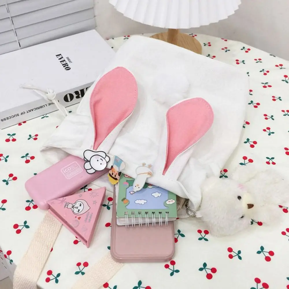 Fashion Women Canvas Crossbody Bags Female Cute Rabbit Shoulder Messenger Bag Drawstring Bucket Bag Handbags