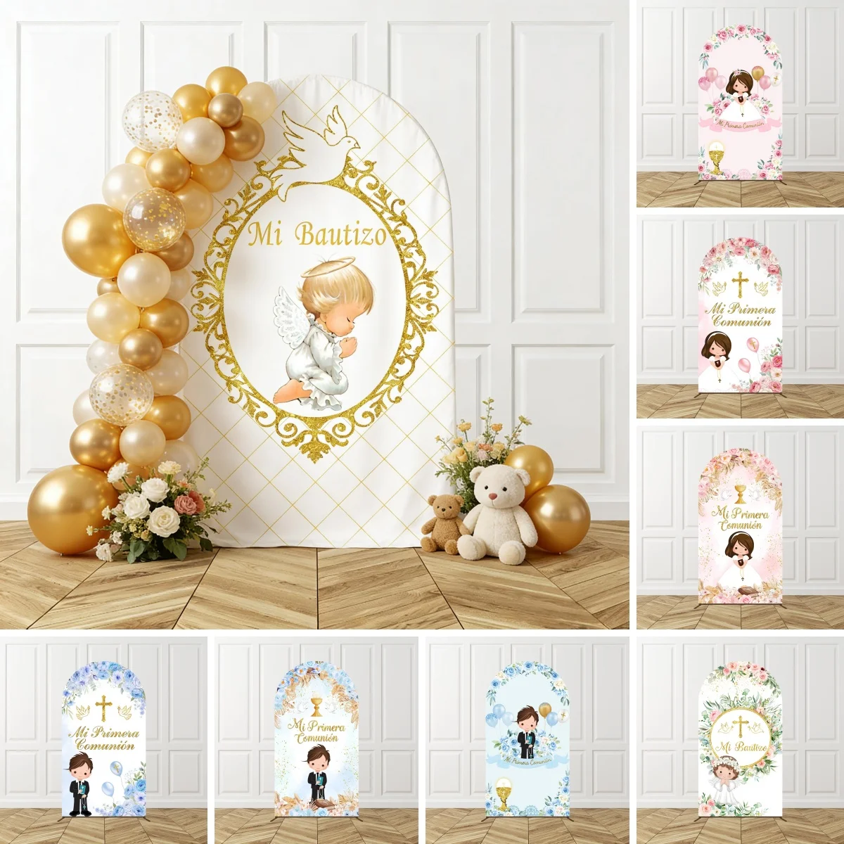 Mi Bautizo arco pano de fundo meu batismo com pombas cruzadas de ouro tema de design floral para festa de batismo de bebê fundo de fotografia