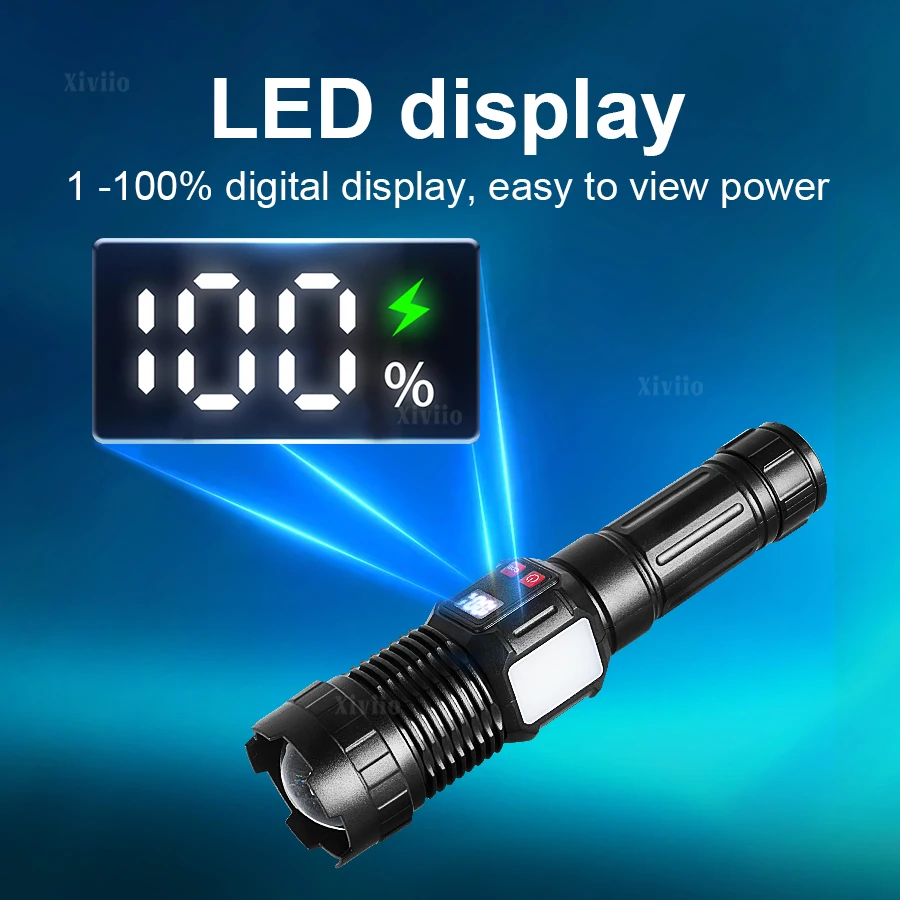 200000LM عالية قوة مصابيح كاشفة بلمبات LED مع عرض قابلة للشحن مصباح يدوي قوي التكتيكية الشعلة مصباح فانوس التخييم