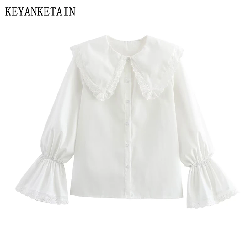 

White lace shirt for women's casual trumpet long sleeved shirt, fashionable, comfortable, breathable, light colored top