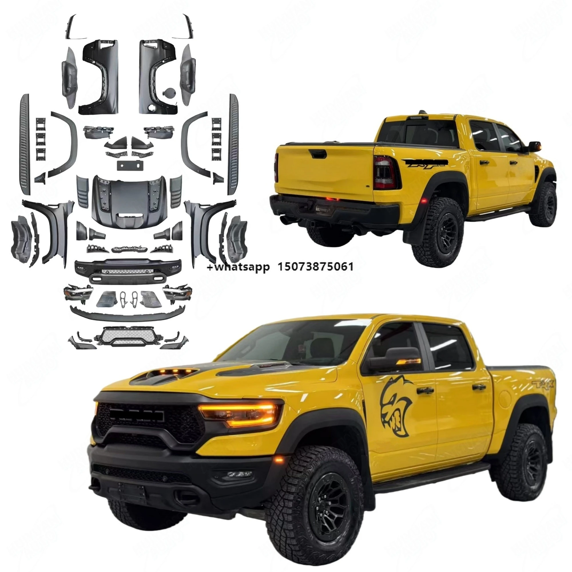 Neues Design Auto-Umbausatz für Dodge RAM 1500 2013-2023 zu TRX-Umrüstung: Frontstoßstange, Kotflügel, Motorhaube, Scheinwerfer, Pedale, Augenbrauen