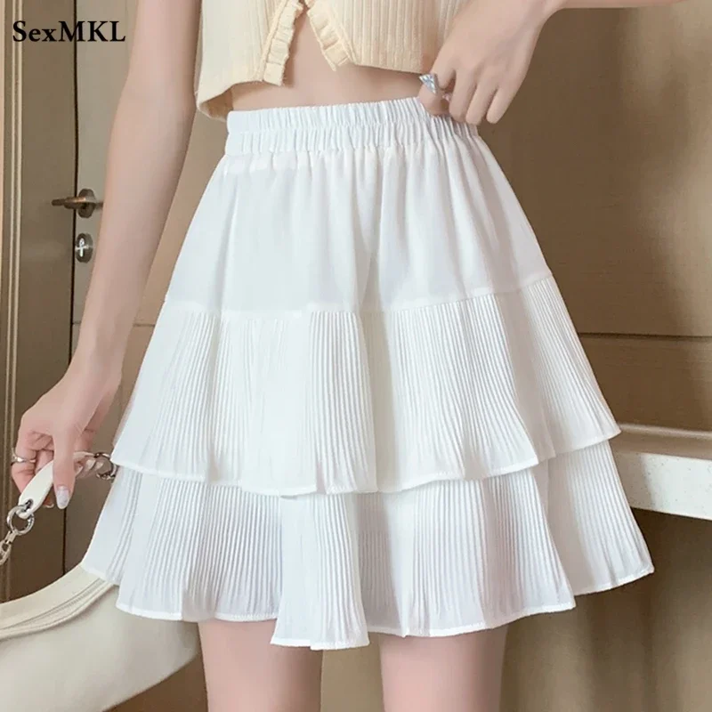Casual Summer Ball Gown Pleated Skirts Women 2026 Korean Fashion Clothing Faldas Largas High Waist Black White A Line Mini Skirt