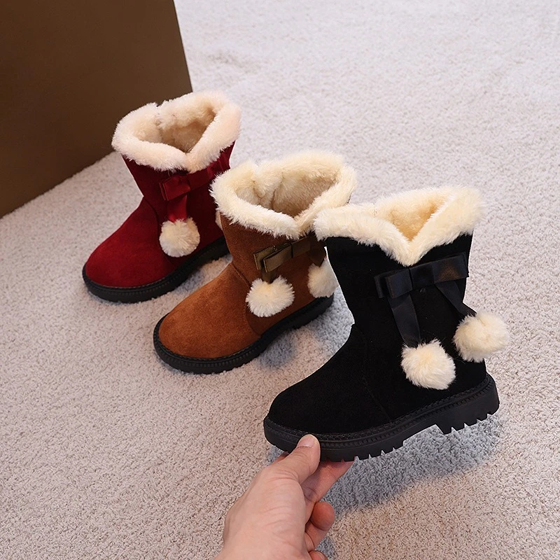 

Kids Outdoor Thermal Boots Winter Sweet Hairball Bowknot Girls Furry Ankle Boots Warm Fashion Children's Plush Boots Non-slip