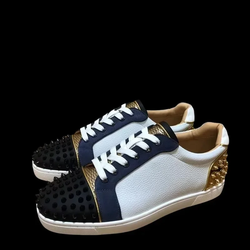 Luxury Low Top Red Bottom Shoes For Men Trainers Spiked White Lychee Genuine Leather Rivets Toecap Gold Heels Flats Sneaker