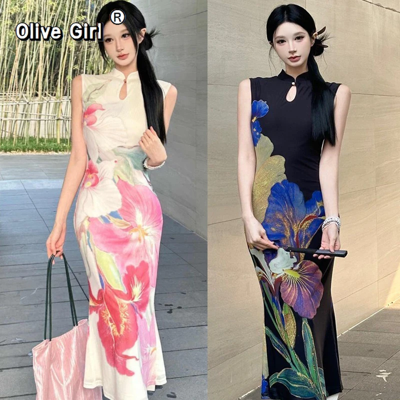 

Spring Summer 2026 Blooming Flowers Dress Qipao Cheongsams Chinese Style Slim Floral Women's Clothing