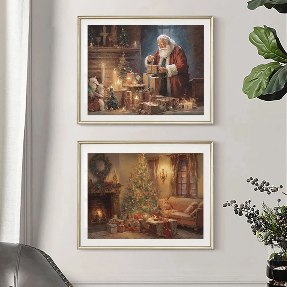 Vintage Rustic Santa Claus Portrait Cozy Christmas Tree Winter Landscape Poster Canvas Painting Wall Art Pictures Home Decor