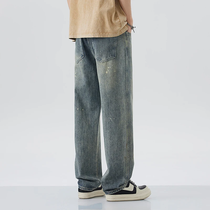 paint-splattered Men’s Wide Leg Jeans Vintage Loose Fit Baggy Straight Denim Pants Streetwear Retro Washed Trousers personality
