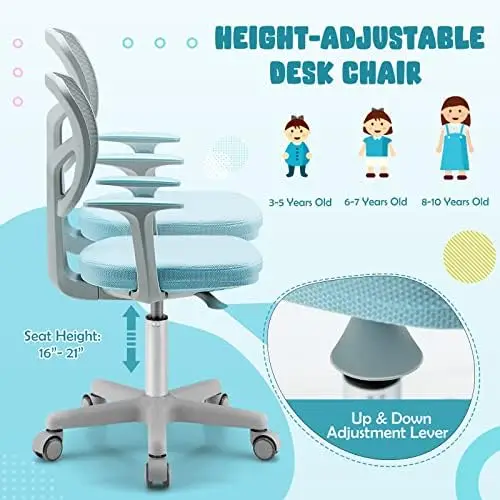 Desk Chair, Height Adjustable Children Study Chair, Swivel Mesh Task Student Chair, Sit-Brake Casters, Child Computer Desk Chair