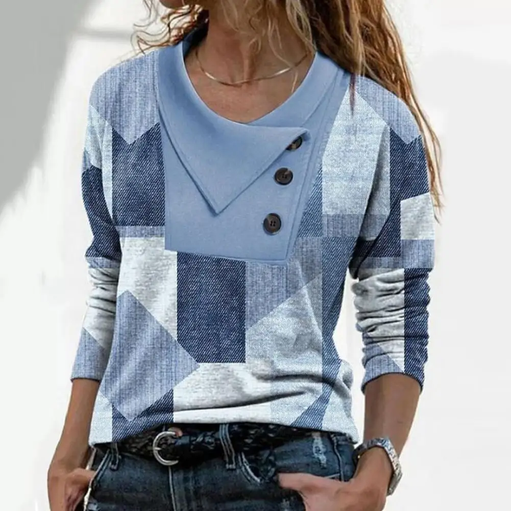 Anti-Pilling Pullover Top Comfortable Workwear Charming Spring Autumn Vintage Geometric Plaid Print Women T-shirt Pullover Top