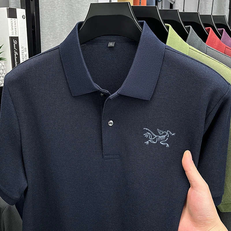100% Cotton High-End Men Short-Sleeved Polo Shirt Lapel Button Solid Color Stamp T-Shirt Classic Trend Leisure Men's Clothing