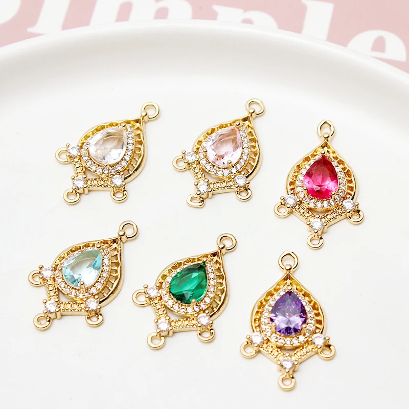 30pcs/ Bag Antique style copper gold-plated zircon crystal glass droplet shaped pendant connector DIY jewelry making accessories