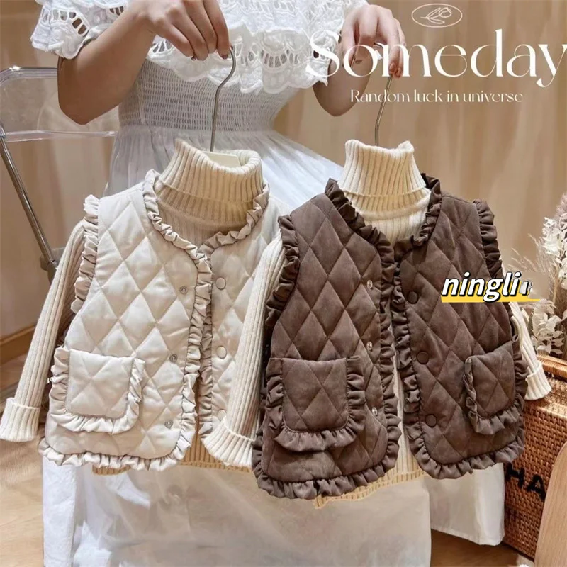 Girls Autumn Vest Children Fleece Thickened Winter Waistcoat New Kids Fashion Warm Padded Coats Toddler Casual Clothing 1-8Y