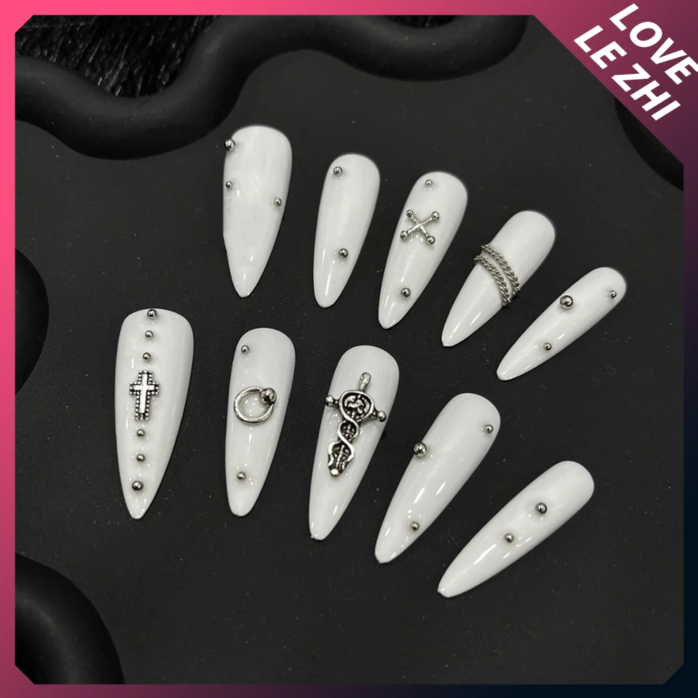 Spice girls gótico artesanal longo caixão stilettos unhas falsas metal anjo corrente bolas de aço estrelas olhos de gato diamante imprensa em unhas